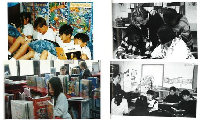 A collage of archive photos of reading at ISB