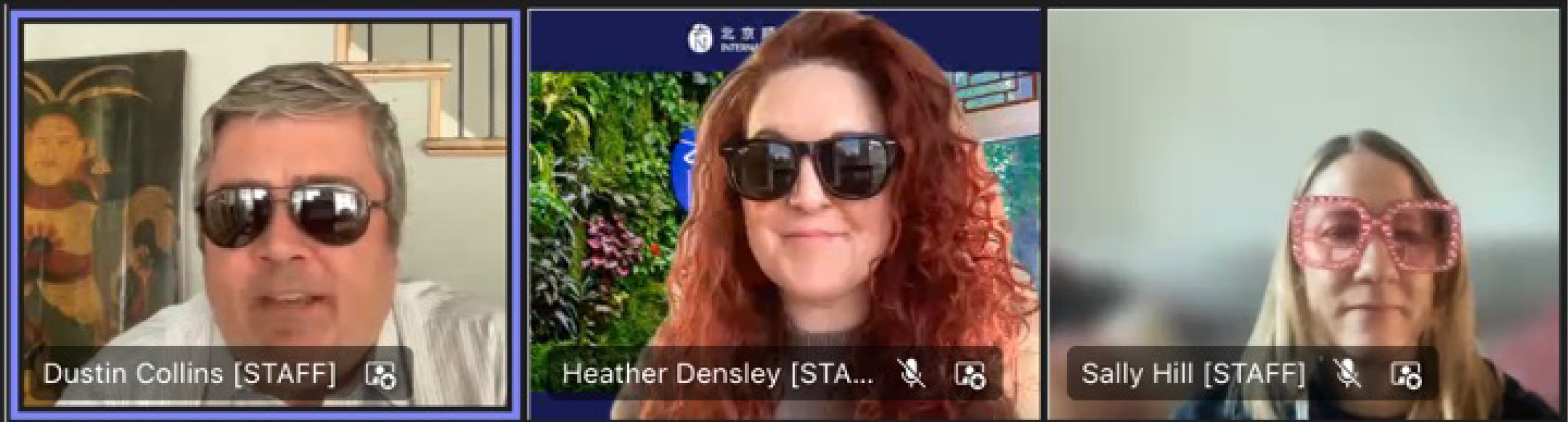 A screenshot of the three ES principals wearing novelty glasses during a Teams call