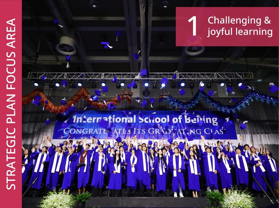 A group shot of ISB's Class of 2025 tossing their graduation caps